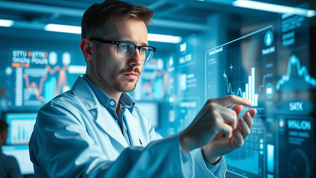 data scientist interacting with advanced AI keyword dashboard to analyze competitors keywords