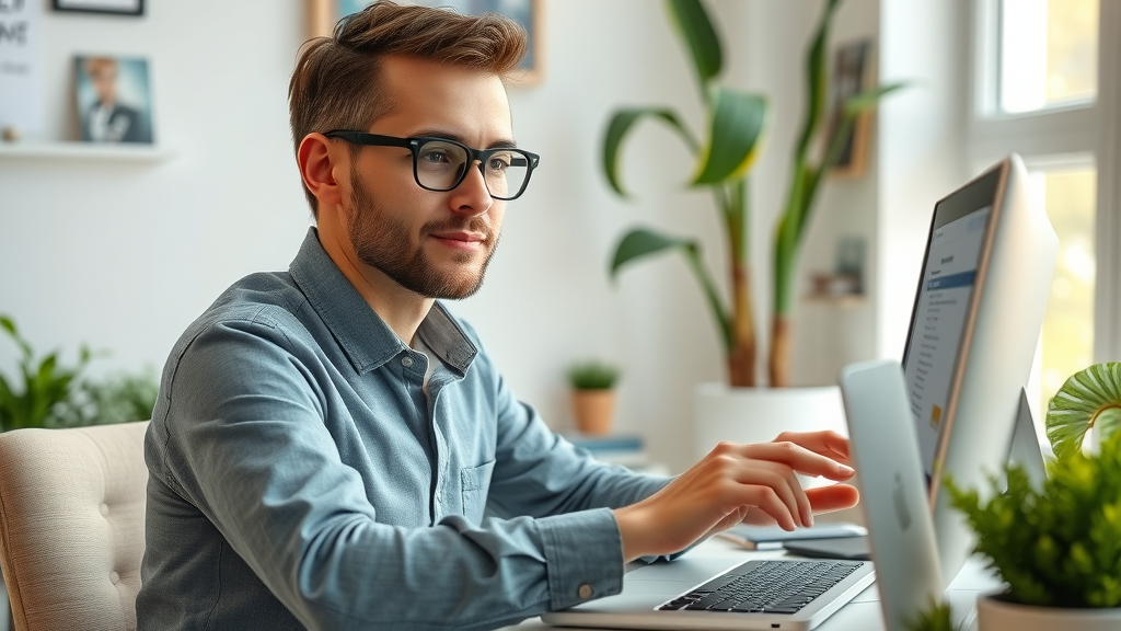 business owner analyzing free keyword research tool data for competitor keywords in a bright office