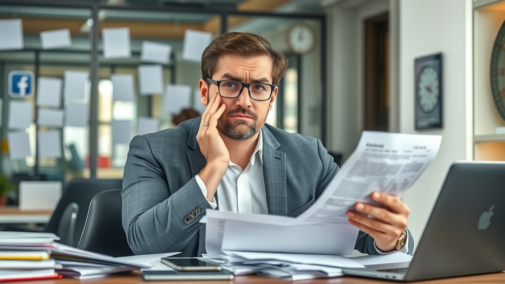 scheduling content frustrated small business owner at desk, overwhelmed with paperwork and social media management, modern office with digital tools and clock
