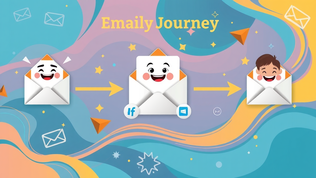 illustrated email journey with each stage connecting to cartoon customer faces - automated email sequence