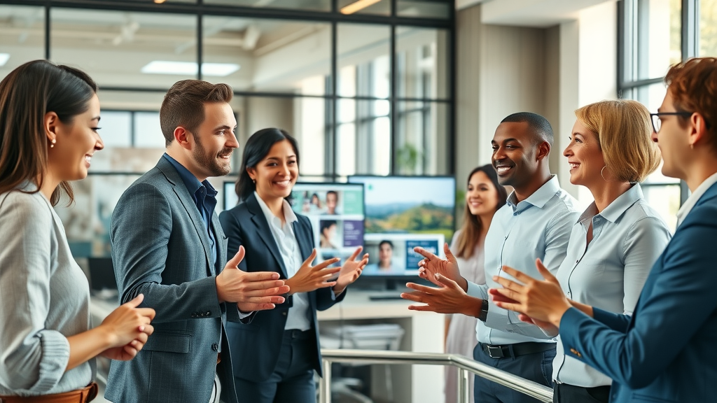 Dynamic property marketing meeting with professionals collaborating on compelling video scripts in a modern office with property marketing materials