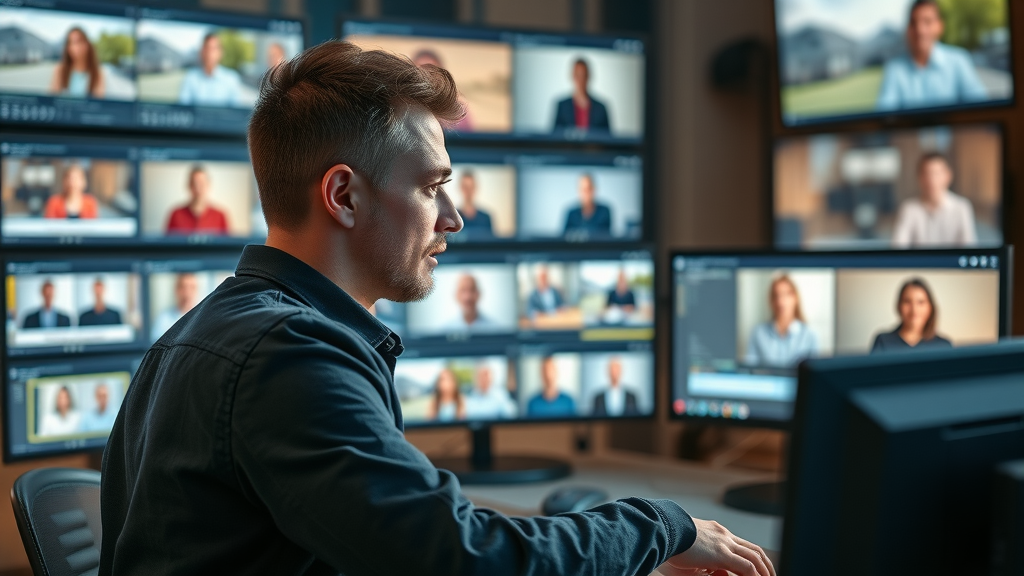 Content creator editing a property testimonial video with video script templates and client testimonials displayed on monitors