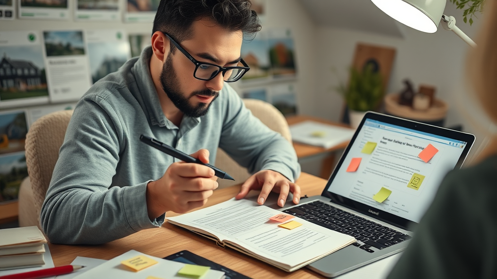 Scriptwriter creating property video scripts using AI-powered tools and colourful notes in a creative workspace