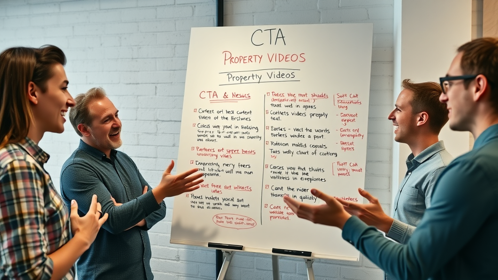 Creative team brainstorming compelling video script CTAs for property services marketing videos