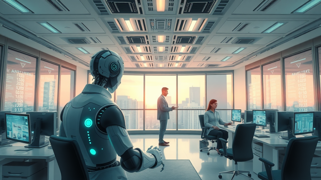 Futuristic property services office showing human and AI technology collaboration on compelling video scripts