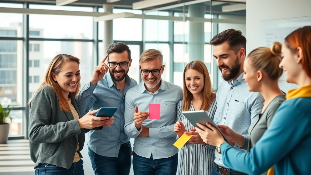 Vibrant team of marketers collaborating over digital devices and sticky notes, focused on increasing content velocity in a modern office.