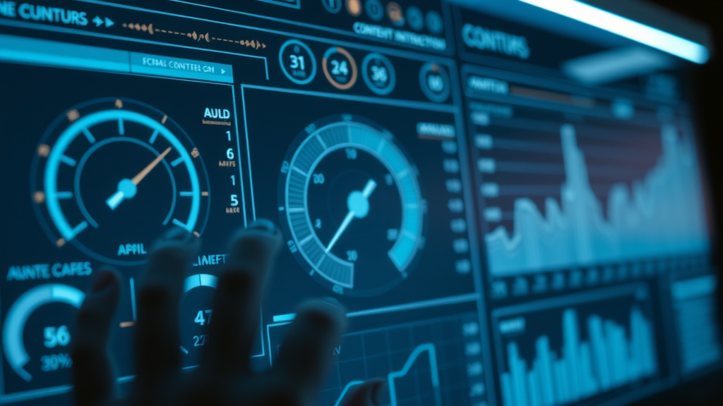 Futuristic analytics dashboard tracking content velocity metrics for content strategy optimisation.