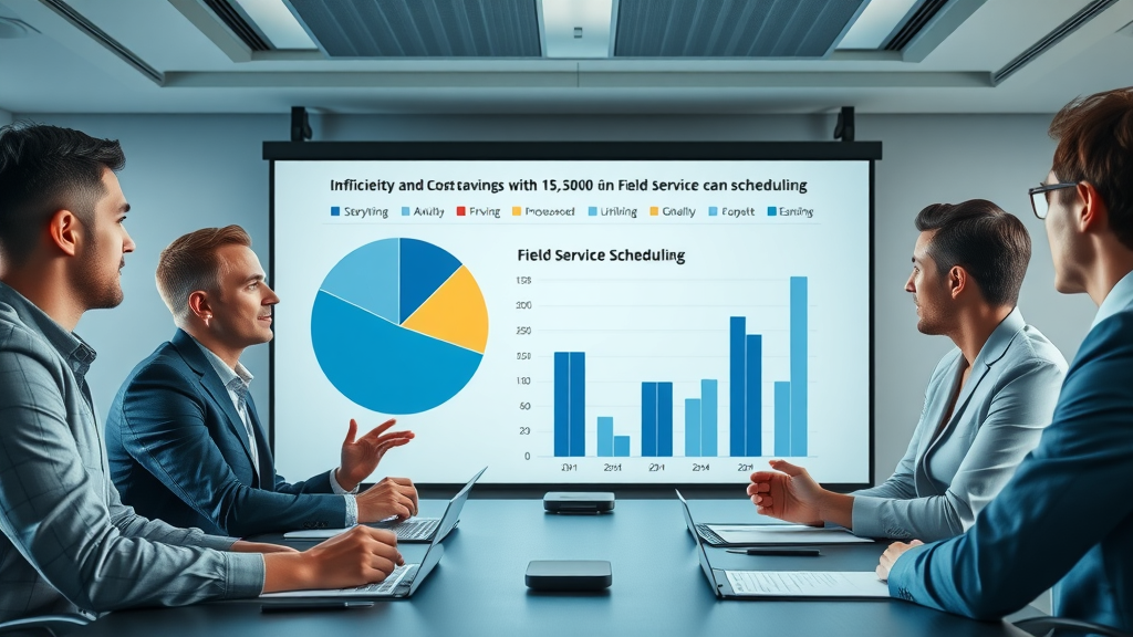 Field service scheduling software statistics visualized in pie chart and bar graph format, demonstrating inefficiencies and cost savings in office with professionals reviewing data