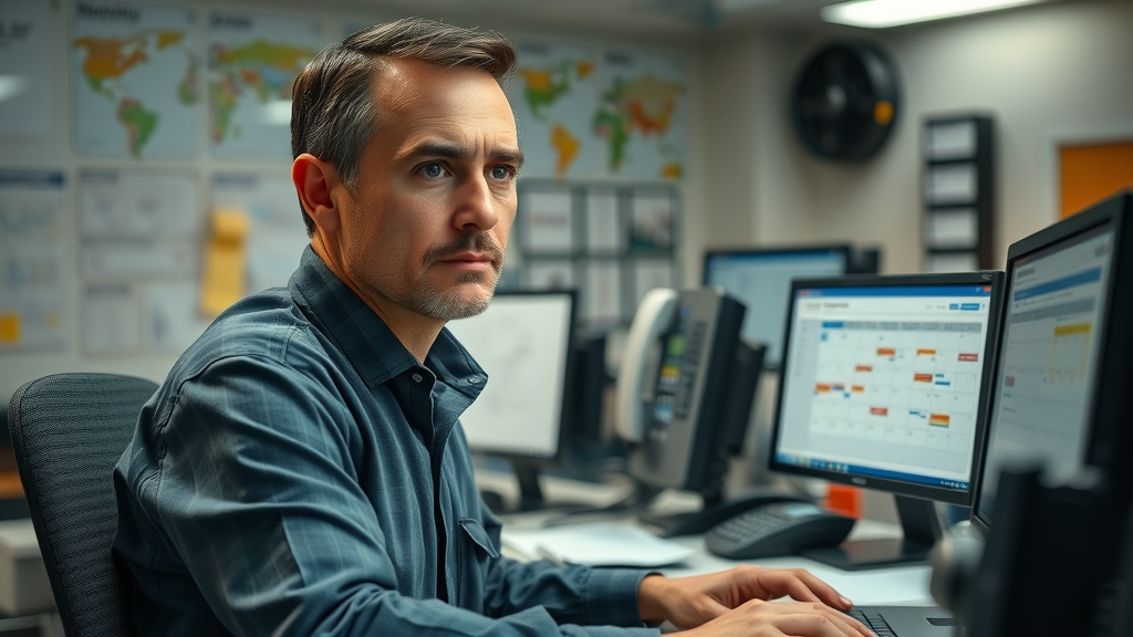 Concerned property service dispatcher reviewing digital scheduling software calendar and busy technician routes in field service company office