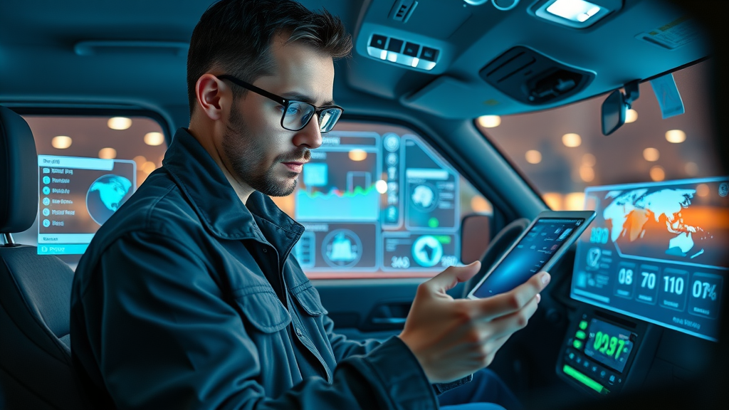 AI field service scheduling controls and optimized routes on digital tablet in technician’s van with futuristic tech interface