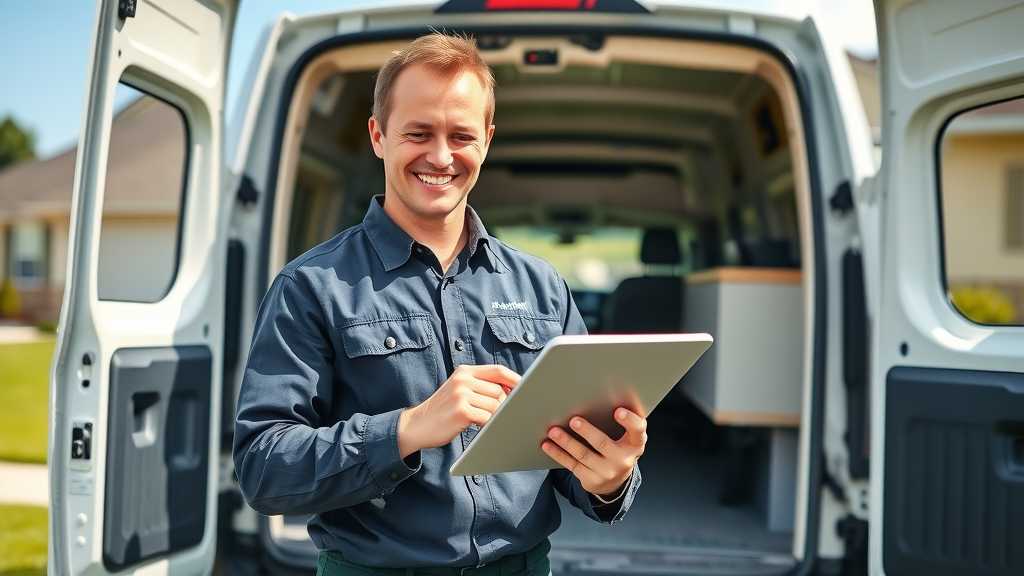 Happy field service technician using AI scheduling software on digital tablet with van outside a residential property