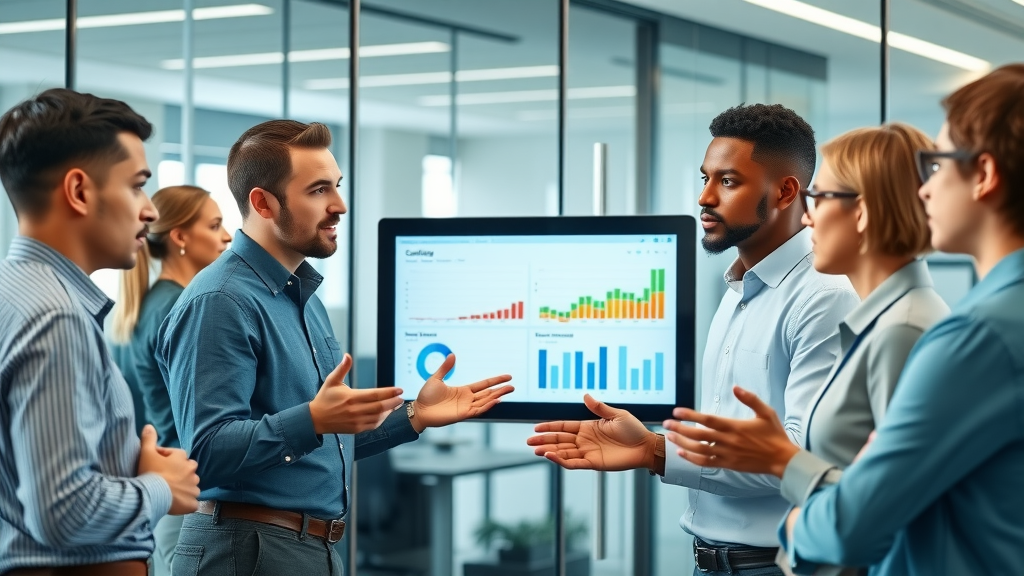 Professional field service managers reviewing AI scheduling dashboard and performance charts in modern conference room