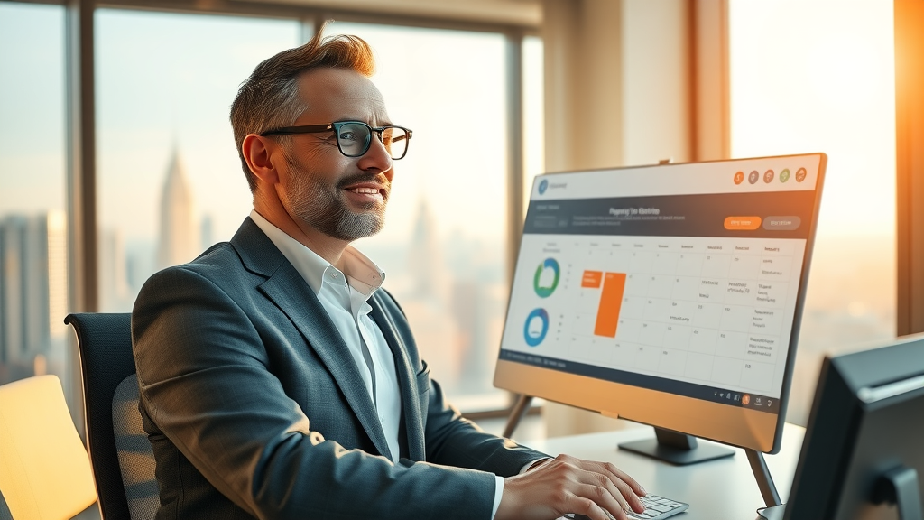 Property service business owner viewing AI-powered scheduling dashboard in executive office with modern technology