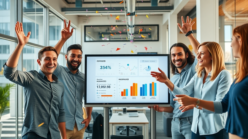 Team celebrating improved business outcomes using AI standard operating procedures