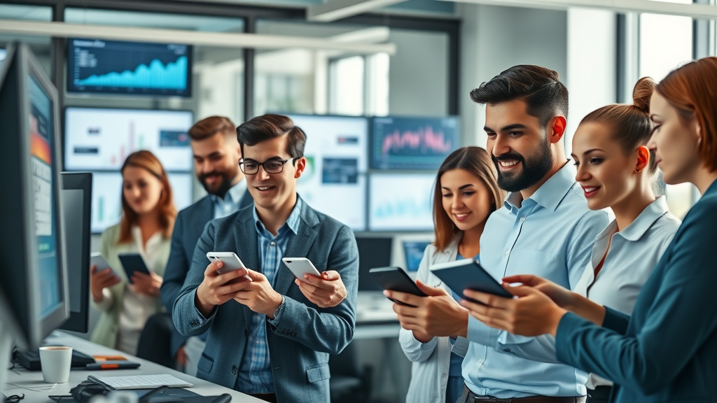 dynamic office workspace with diverse property service professionals reviewing customer messages on digital devices | customer communications, communication management