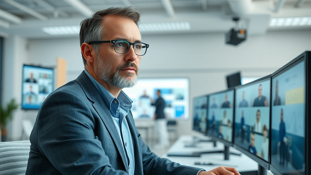 professional property manager attending virtual meeting using digital interfaces | customer communications, communication management