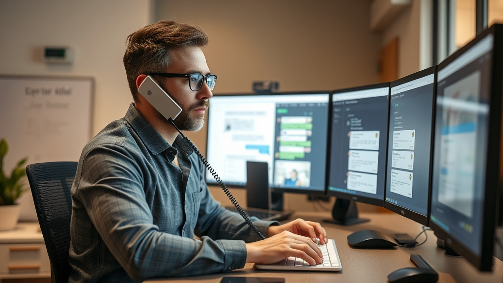 property service representative typing on live chat and speaking on phone with multiple screens showing communication channels | live chat, phone call, email, customer communications