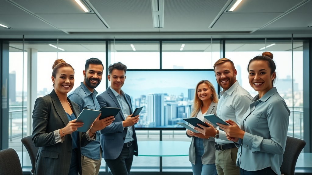 motivated property team collaborating around digital board in a contemporary boardroom | best practices, customer communications