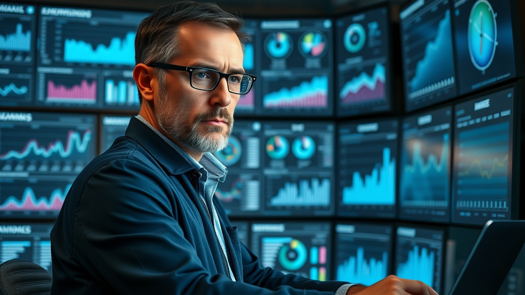analytical property manager reviewing communication metrics on digital dashboards | communication management, customer communications, KPIs