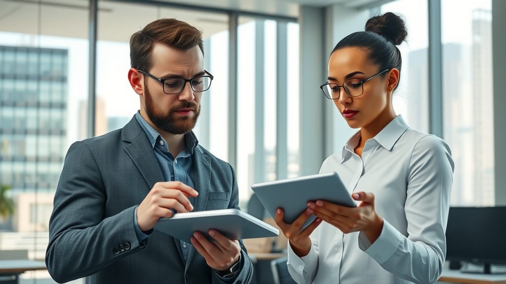 ai in daily operations, property service professionals analysing AI-powered dashboards and digital tools in a modern office, cityscape background