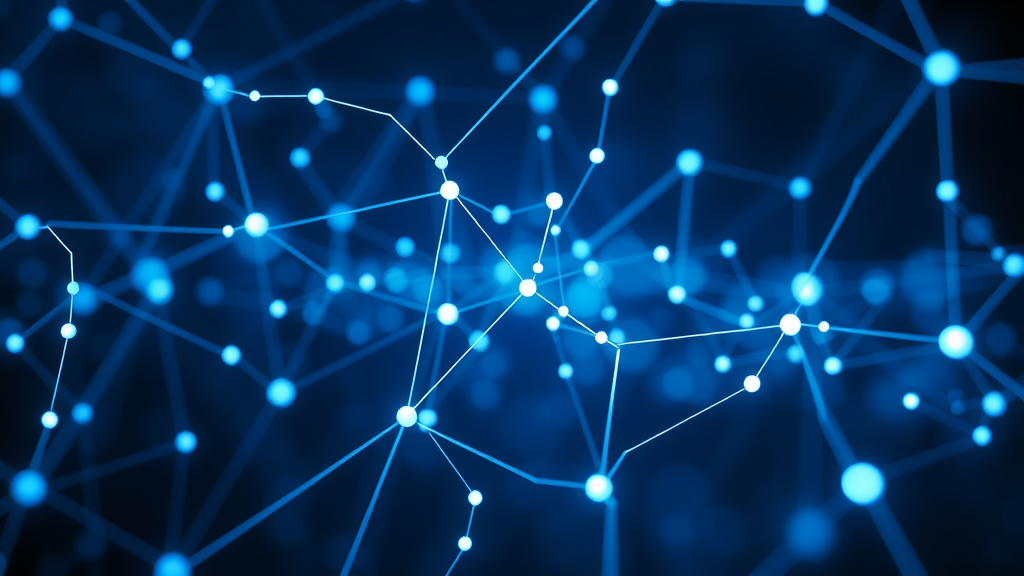 machine learning in property services, AI network visualisation, abstract data science representation with data flow, neon connections in dark background