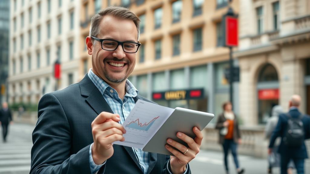 UK property manager using AI analytics, digital tablet showing property data, confident and successful adoption of AI in daily operations