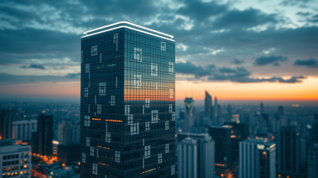 cutting-edge building with digital overlays symbolizing AI in daily operations, futuristic city background, confident property service business