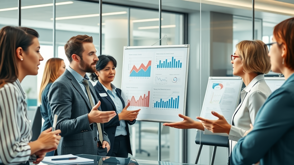 HR professionals discussing how to write compelling job descriptions in a modern office with hiring stats and bright natural daylight