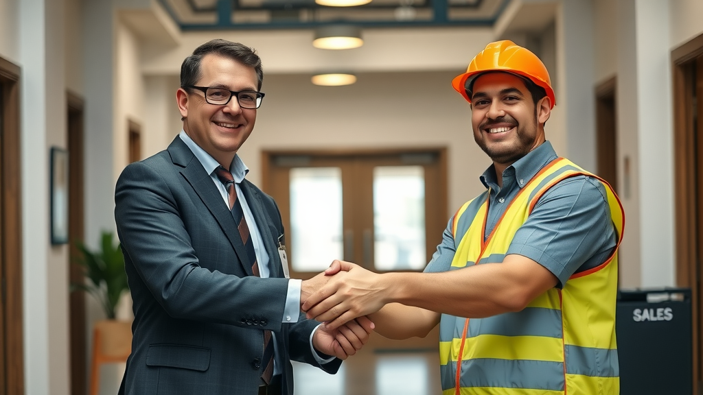 Property manager shaking hands with maintenance worker, a scene showing positive outcomes of good job descriptions in property services