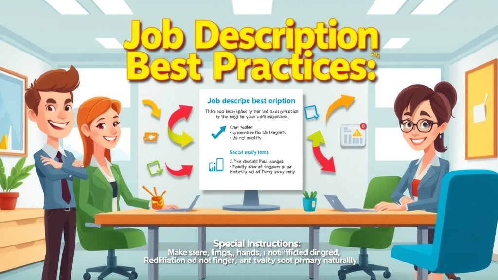 Cheerful 2D cartoon infographic summarizing best practices for writing a job description in property services