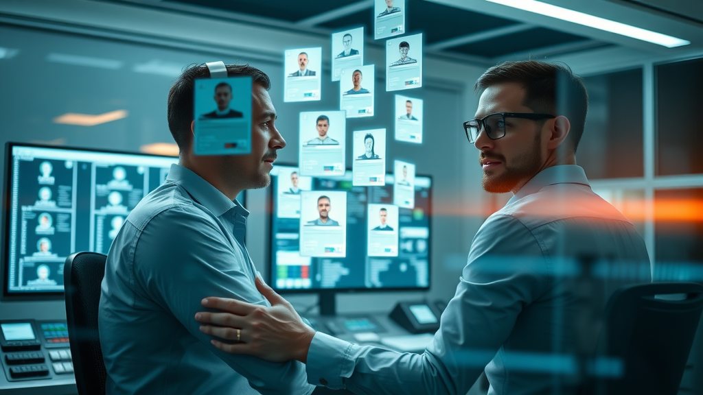 AI resume screening for property services showing digital profiles and glowing monitors for best job fit