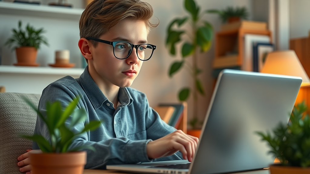Engaged user learning best practices for AI job description writing on a laptop in a comfortable home office