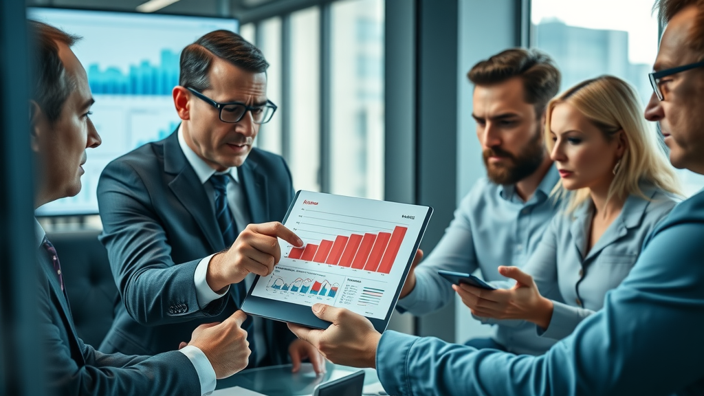 Executives analysing revenue loss reports related to demand forecasting and staffing. Photo shows detailed, lifelike faces with dynamic hand motions in a modern office setting with charts on digital screens. Cool blue palette and natural daylight reinforce concern and urgency.