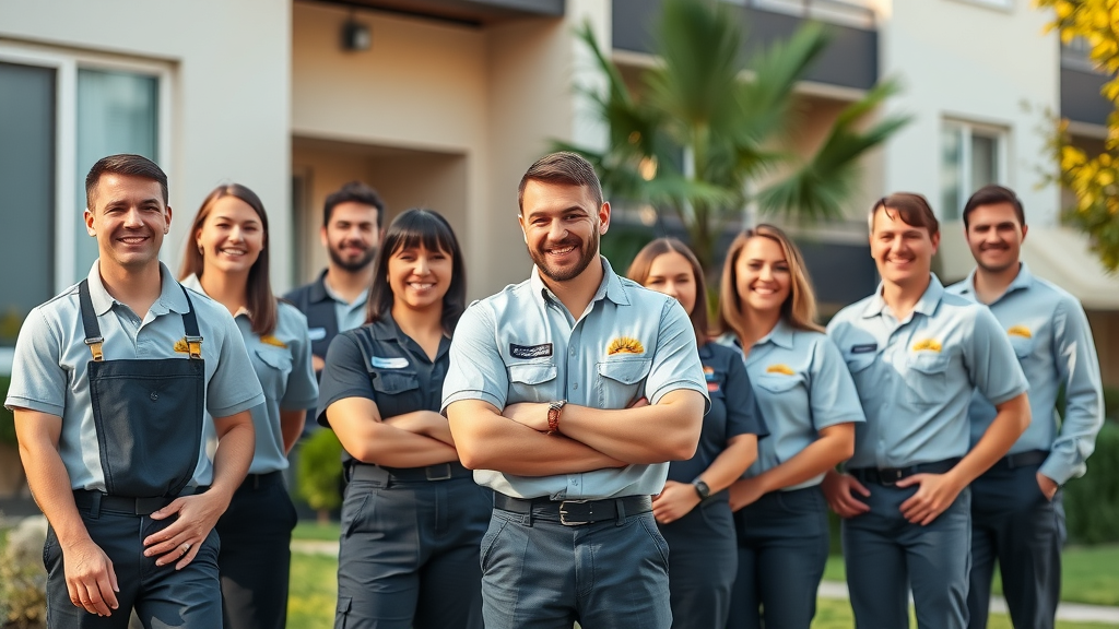 Coordinated property service staff, ready for customer service, standing in front of a well-maintained residential building. Highly detailed, lifelike, with team members in branded uniforms, sharp focus, and morning sunlight, showcasing the importance of workforce needs.