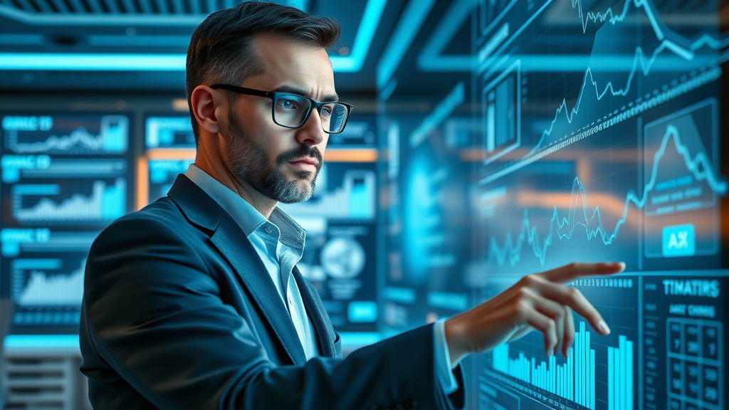 Business analyst using a futuristic AI interface for workforce forecasting and demand planning. Touchscreen graphs and animated data points in a sleek, high-tech office, symbolising AI-driven improvements in demand forecasting and staffing.