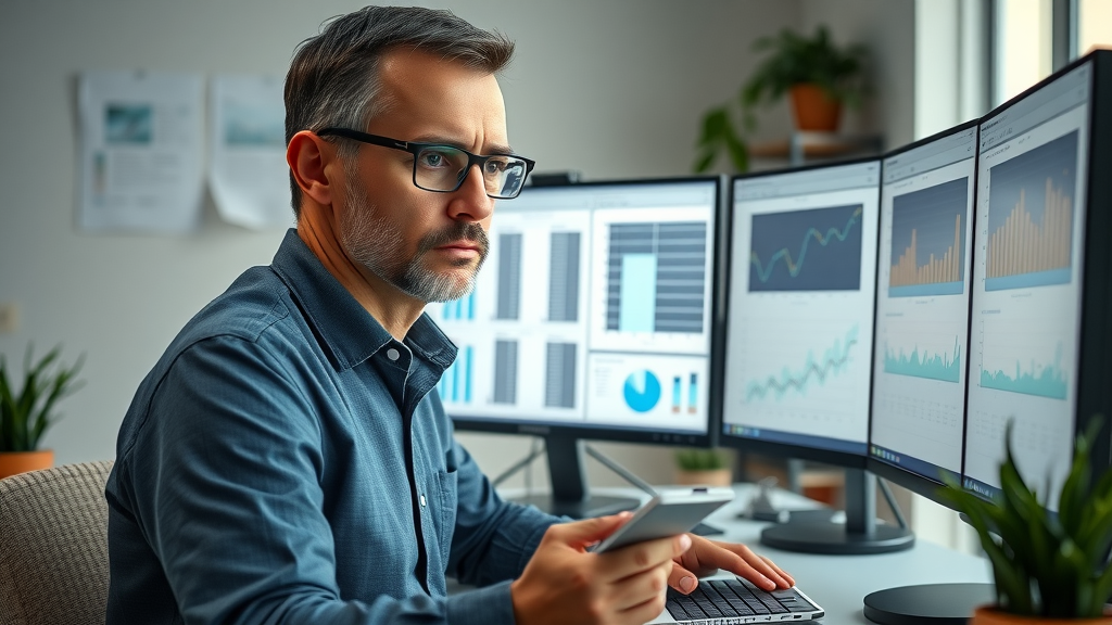 Thoughtful data analyst reviewing historical data and large spreadsheets for demand forecasting and staffing, showing the importance of accurate information. Lifelike workspace with notepad insights.