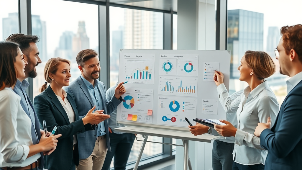 Property services managers reviewing AI-driven demand forecasting charts in a bright, modern office. Staff take notes, showing the benefits of workforce planning with AI.