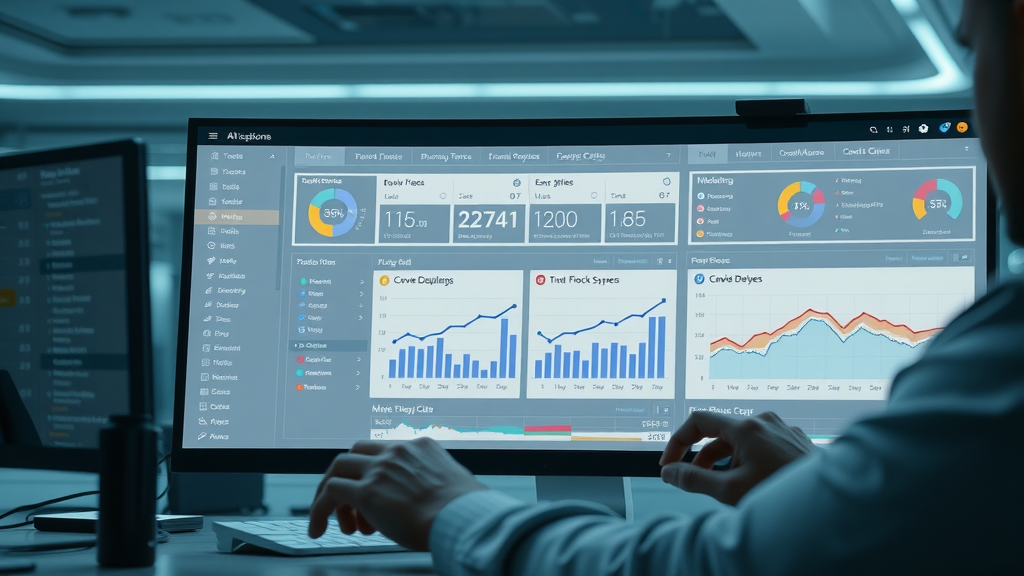 AI-powered scheduling dashboard showing workforce graphs for demand forecasting and staffing. No people shown. Interactive modern tool elements, neutral color palette, crisp overhead lighting.