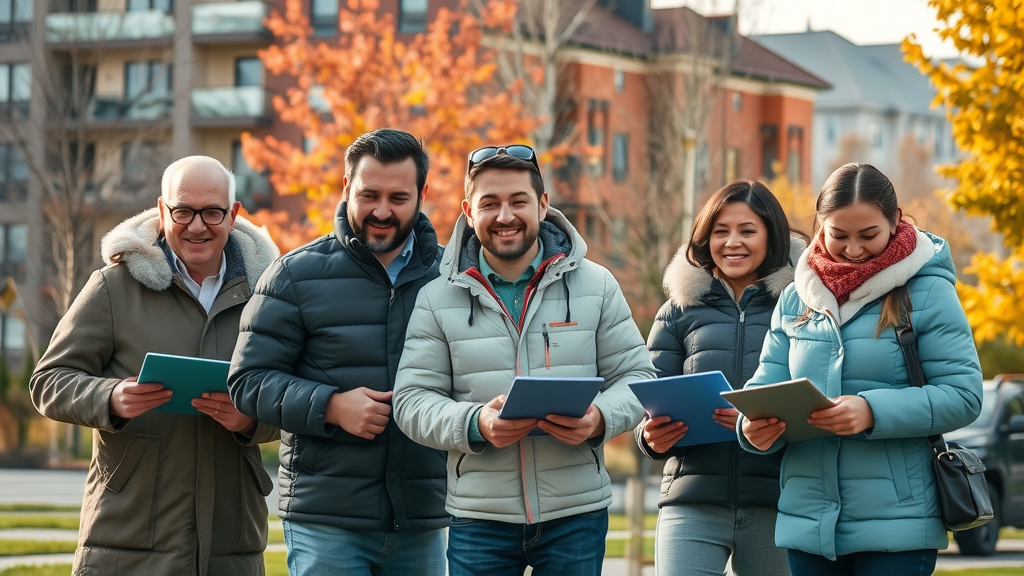Busy property services team working through seasonal shifts; some staff in winter coats, others in spring attire. Seasonal patterns and workforce forecasting illustrated in vibrant, highly detailed, lifelike outdoor setting.