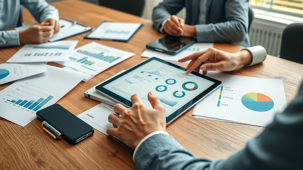 Close-up of hands sorting business data, digital devices and colourful charts on a conference table. Highlights importance of historical data and workforce needs.