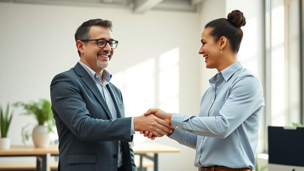 Business owner shaking hands with AI specialist. Agreement on adopting AI-driven demand forecasting and staffing solutions in a sunny, modern office. Lifelike, relaxed professionalism.