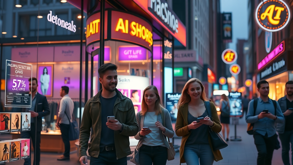 Futuristic retail storefront with digital AI overlays showing agentic AI marketing in action