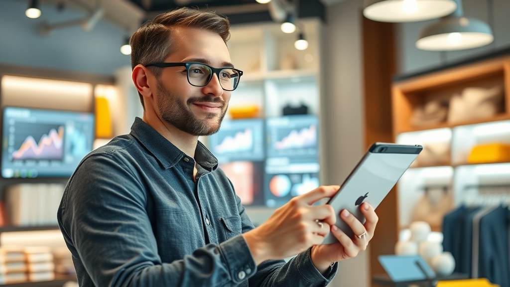 Motivated local business owner reviewing agentic AI analytics for growth