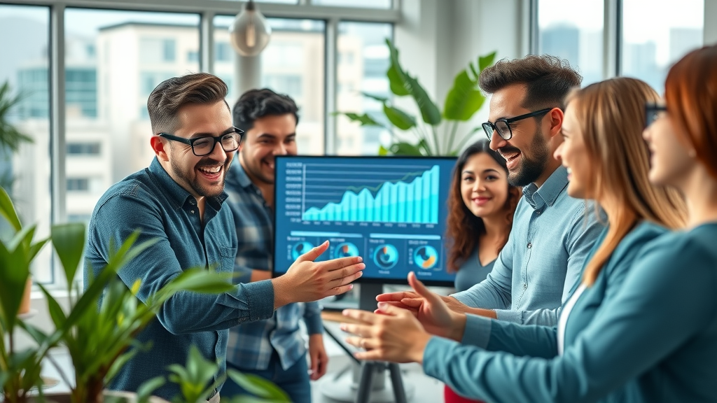 Energetic local business team collaborating on autonomous artificial intelligence growth charts in a modern office, expressing excitement and curiosity with vibrant colors, crisp textures, and city views.