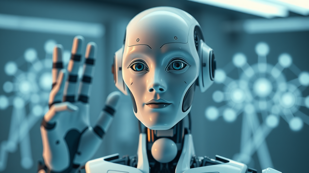 Abstract intelligent robot representing autonomous artificial intelligence in a tech lab, with glowing neural network motifs and a minimal, softly lit environment.