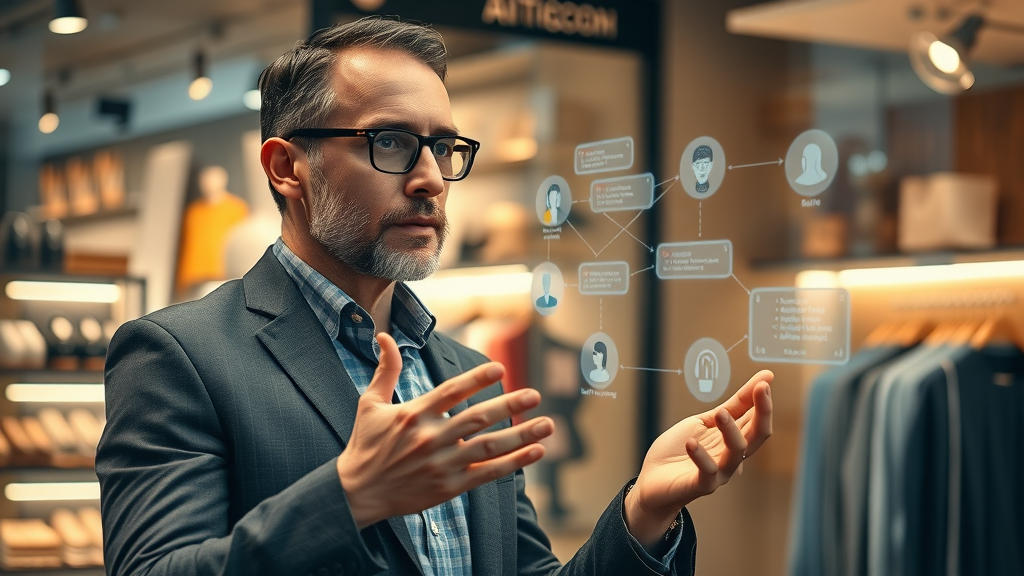 Confident business owner interacting with virtual AI agent hologram and code, visualizing the role of large language models in autonomous artificial intelligence.