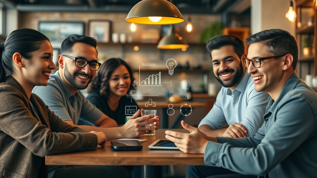 Small team of diverse local business employees collaborating with a smart AI assistant on a tablet, surrounded by digital graphs and automation icons in a cozy café.