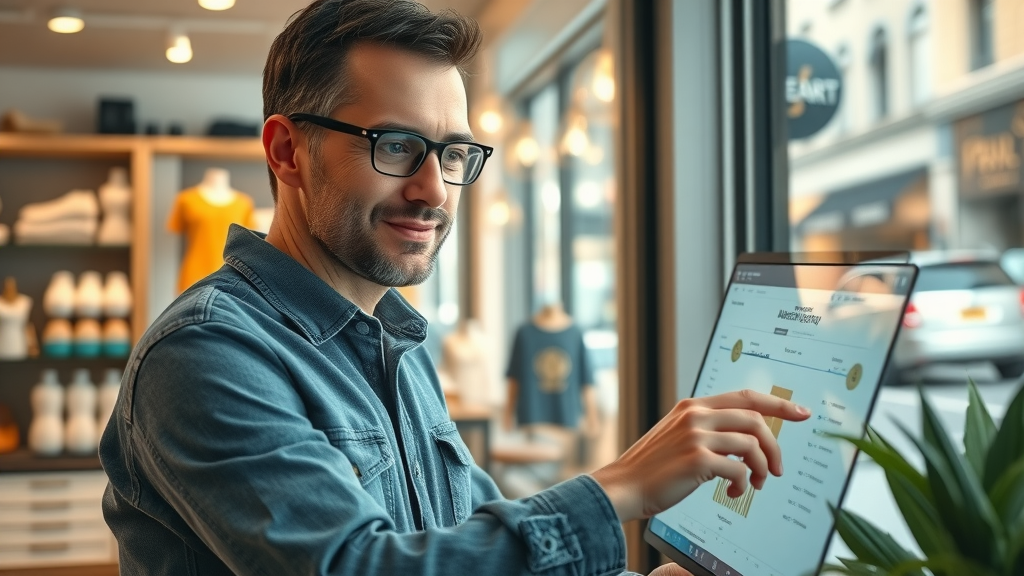 Local business owner analyzing autonomous AI marketing dashboard results in a boutique retail storefront with natural daylight and city views.