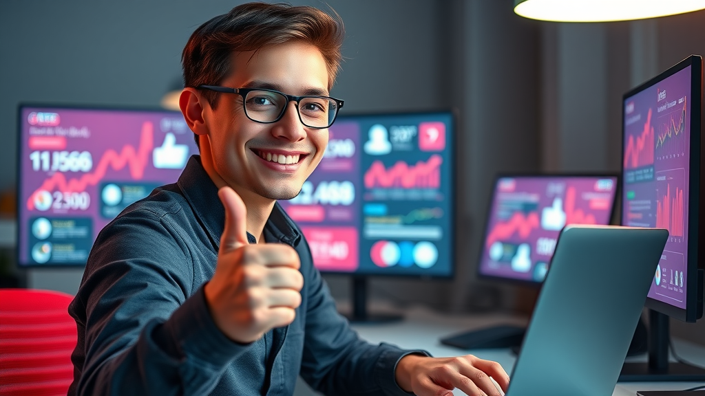 Young entrepreneur with a laptop displaying AI-powered social media analytics, cheerful and triumphant, surrounded by dynamic platform metrics.
