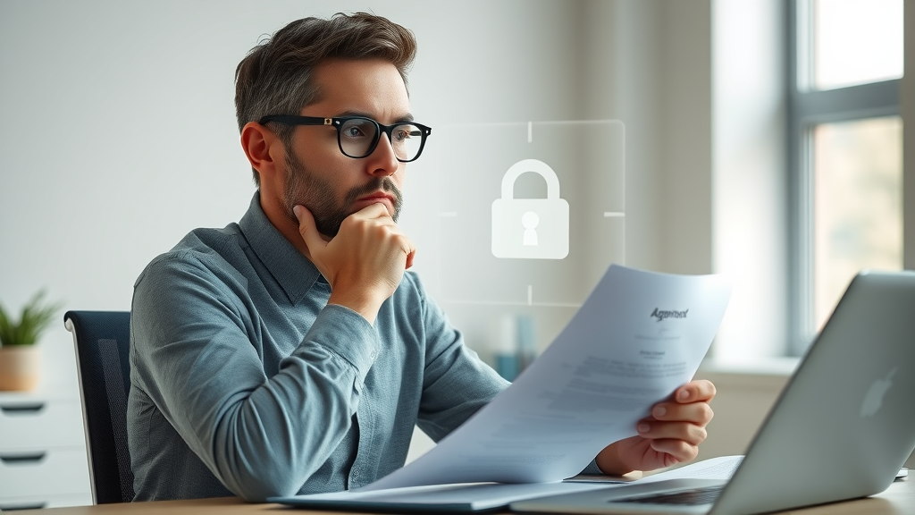 Thoughtful local business owner considering data privacy and responsible AI system usage at a desk, subtle lock hologram in background.